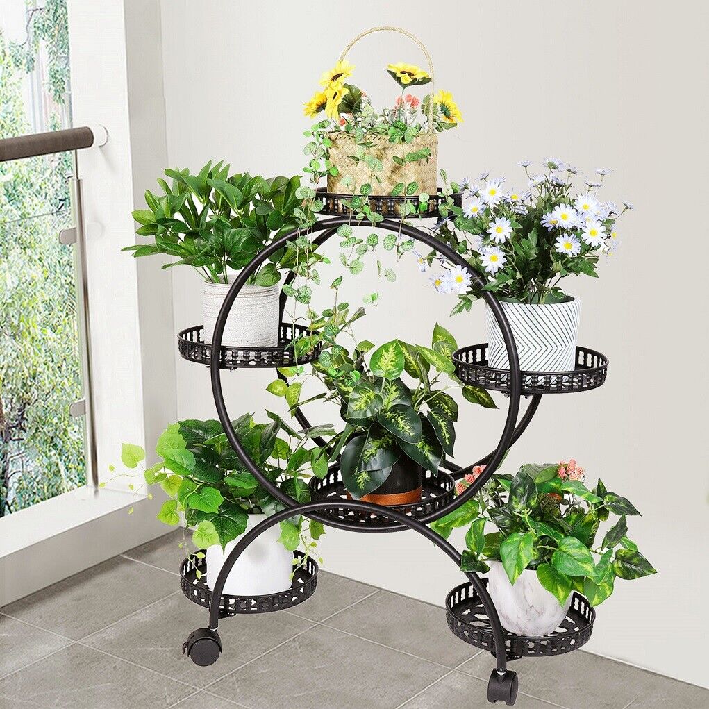 Rolling Round Plant Stand — 4-Tier 6-Pot Flower Cart with Wheels