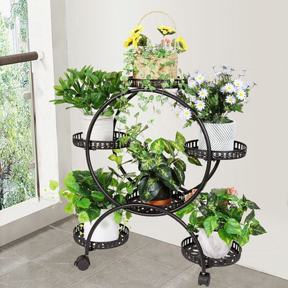 Rolling Round Plant Stand — 4-Tier 6-Pot Flower Cart with Wheels