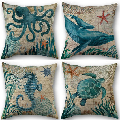 Marine Life Throw Pillow Covers, Turtle Whale Octopus Cushion Covers