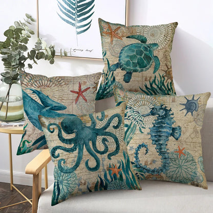 Marine Life Throw Pillow Covers, Turtle Whale Octopus Cushion Covers