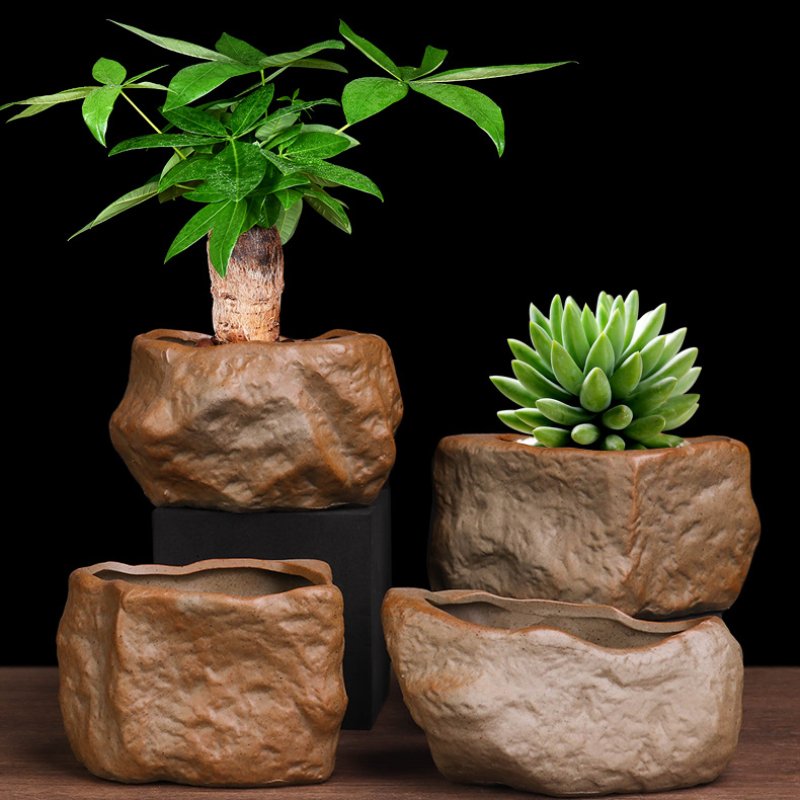 Stone-Look Ceramic Succulent Pot - Natural Rock Texture Planter