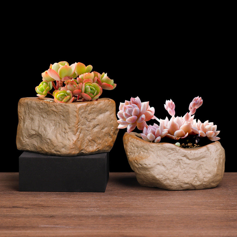 Stone-Look Ceramic Succulent Pot - Natural Rock Texture Planter