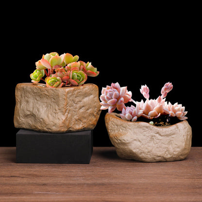Stone-Look Ceramic Succulent Pot - Natural Rock Texture Planter