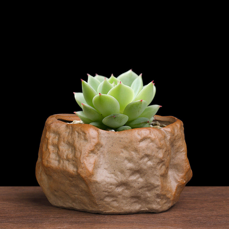 Stone-Look Ceramic Succulent Pot - Natural Rock Texture Planter