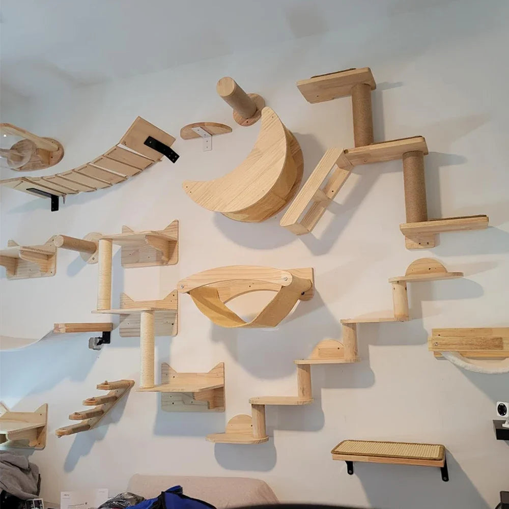 Wall Mounted Cat Climbing Shelves, Wood Bridge and Hammock Set
