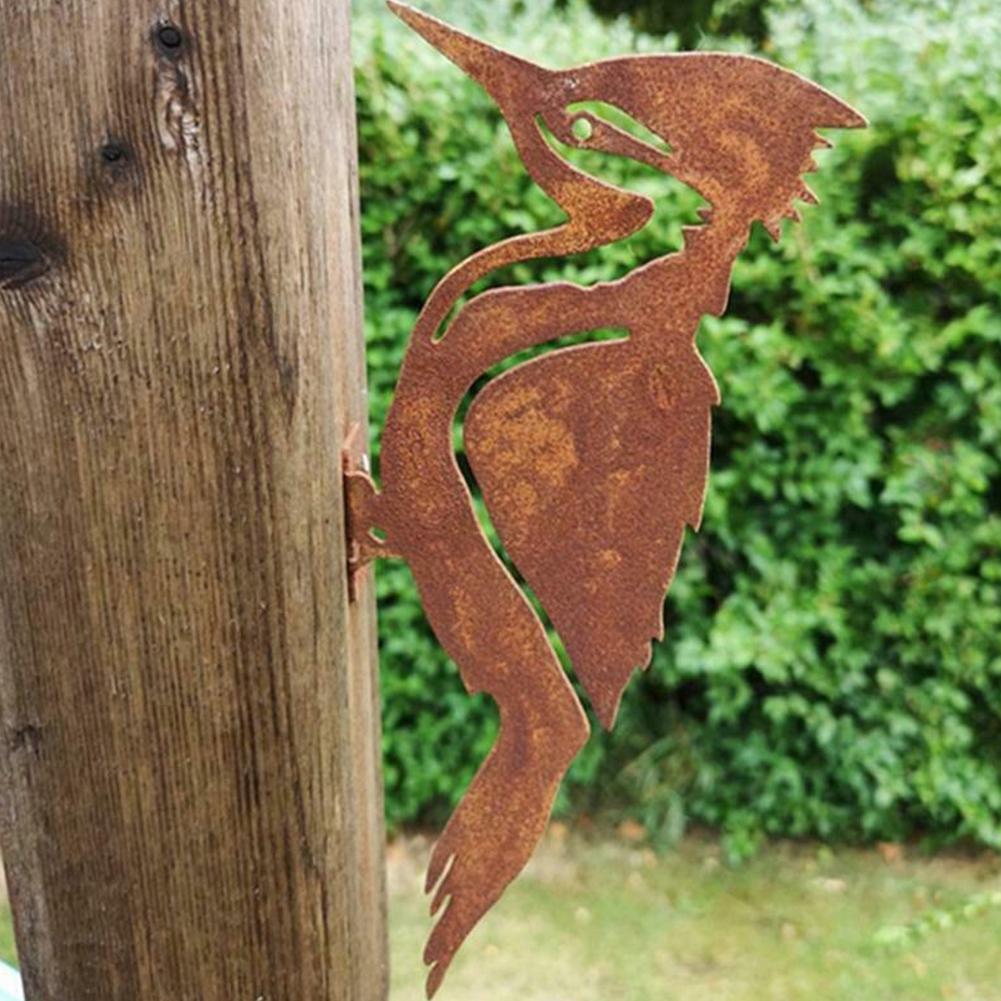 Rusty Iron Woodpecker Garden Stake - Metal Bird Yard Art Decor
