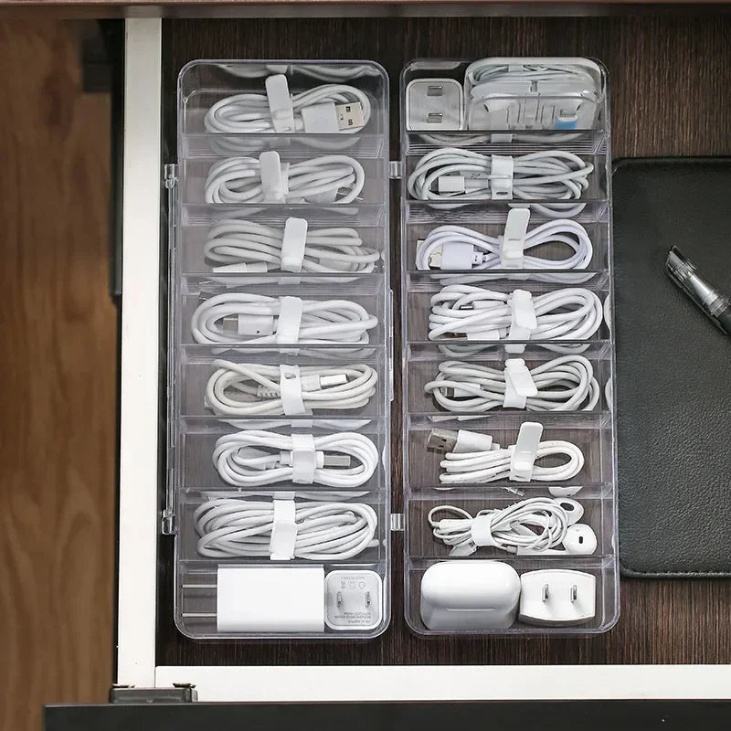 Clear Cable Storage Box, Compartment Cord Organizer with Lid