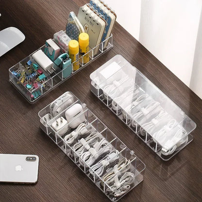 Clear Cable Storage Box, Compartment Cord Organizer with Lid