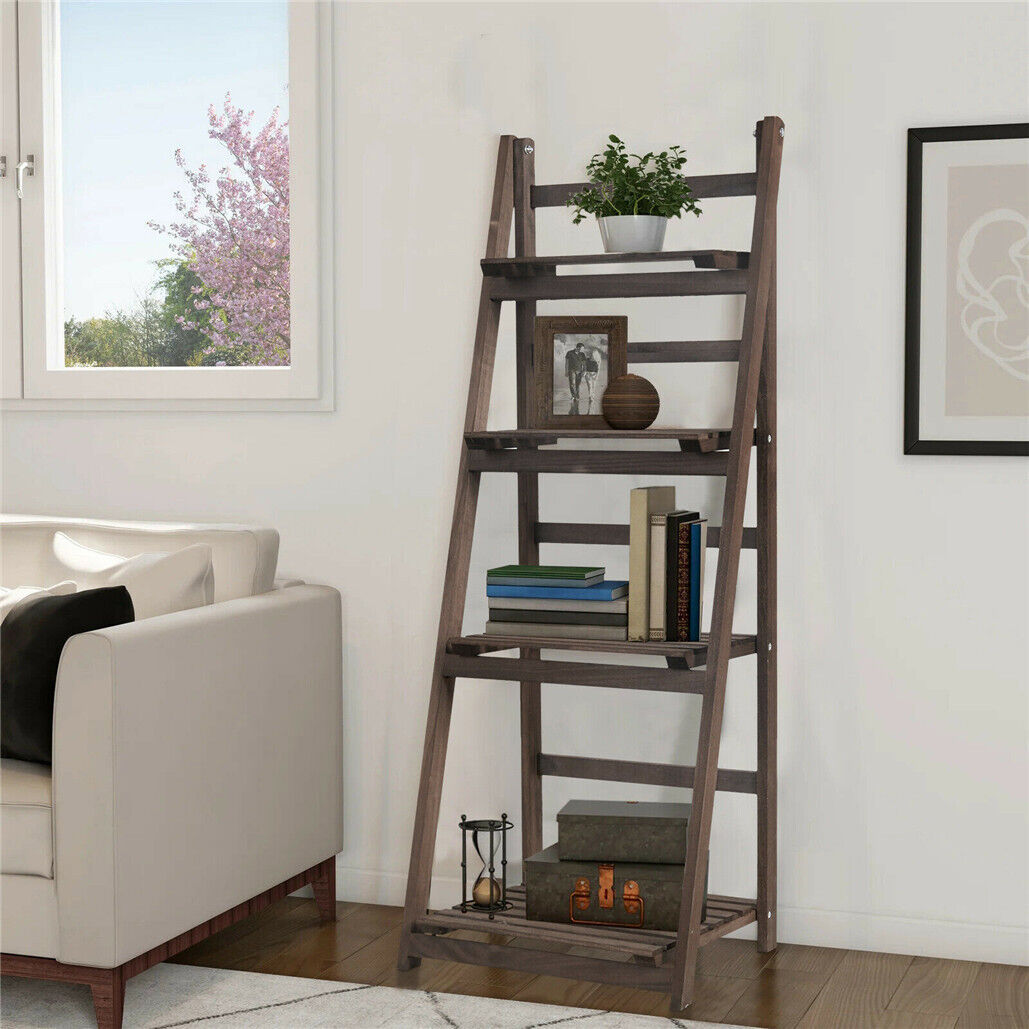 4-Tier Wooden Ladder Plant Stand, Leaning Shelf for Indoor Decor