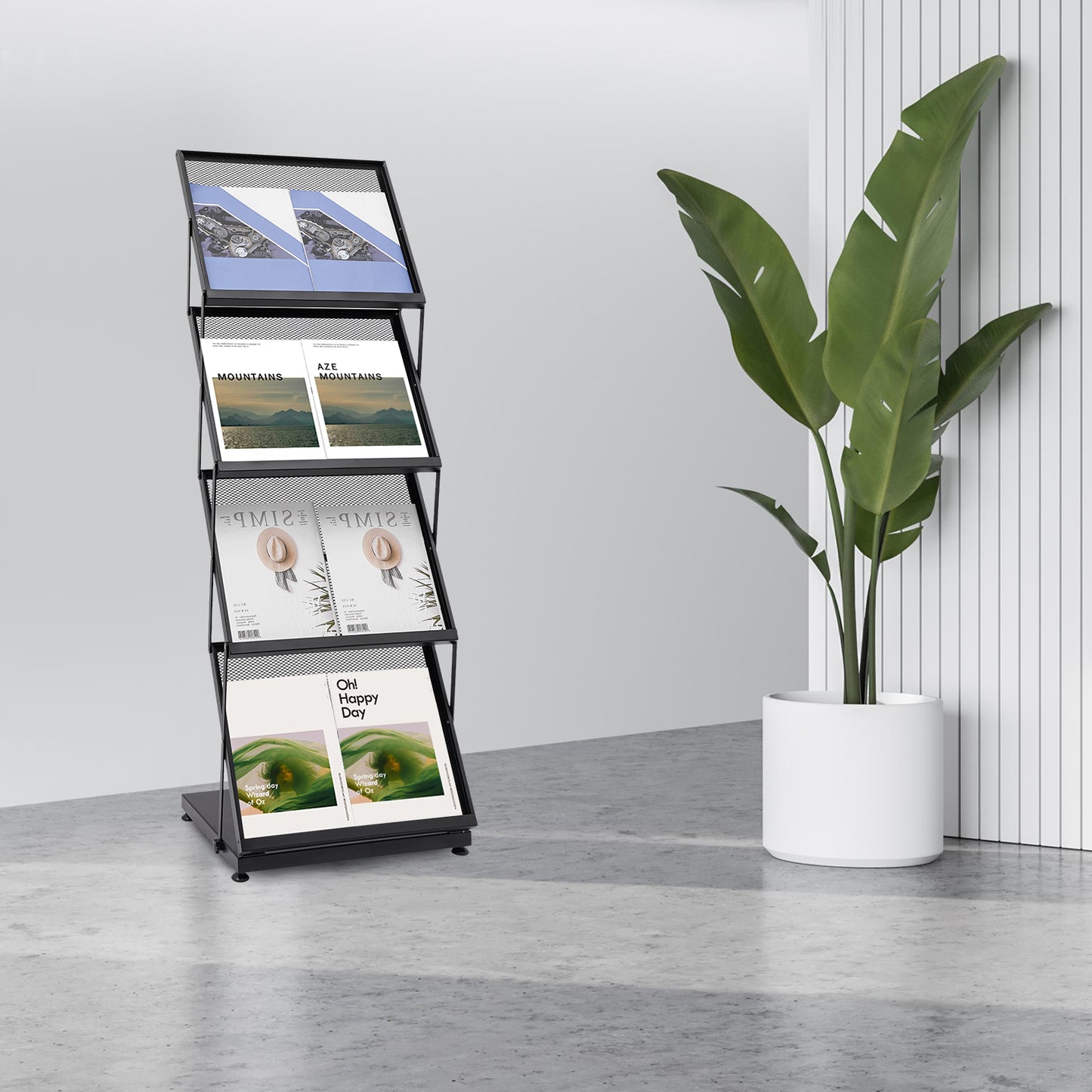 Foldable 4-Tier Magazine Stand — Floor Brochure Display Rack