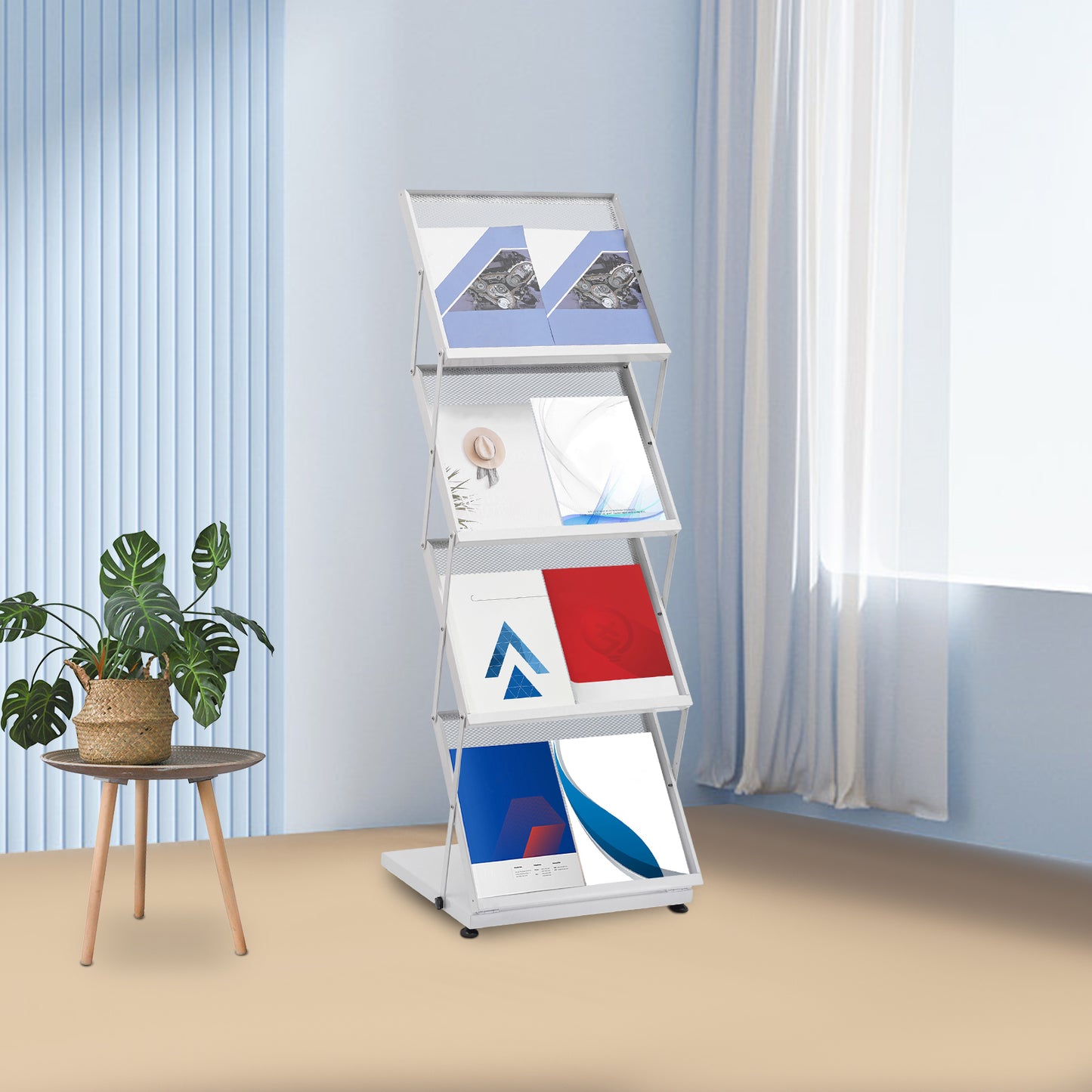 Foldable 4-Tier Magazine Stand — Floor Brochure Display Rack