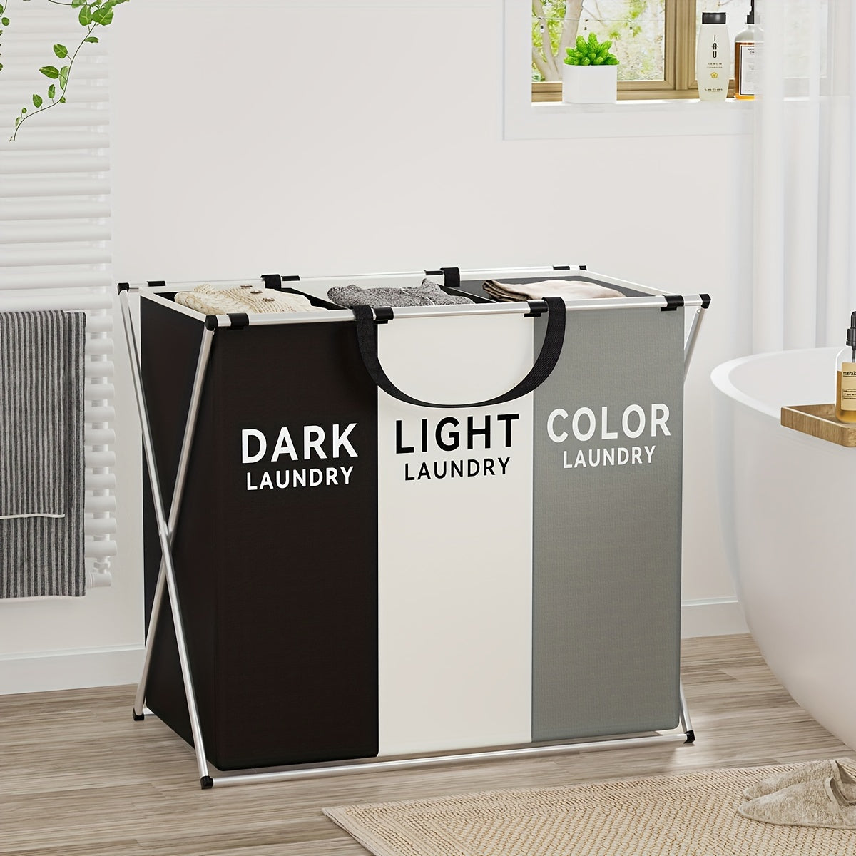3-Section Laundry Hamper Sorter, Foldable Divided Basket