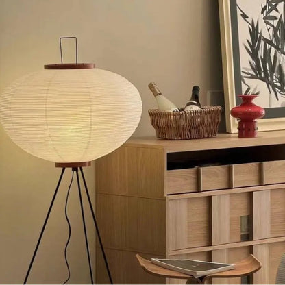 Japanese Rice Paper Tripod Floor Lamp Wabi Sabi Lantern