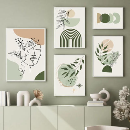 Sage Green Boho Wall Art, Abstract Geometric & Plant Prints