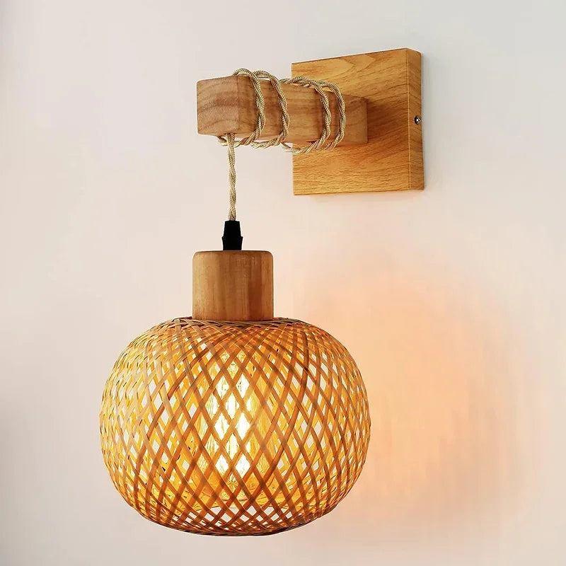 Woven Bamboo Rattan Wall Lamp with Wood Bracket