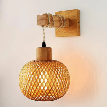 Woven Bamboo Rattan Wall Lamp with Wood Bracket