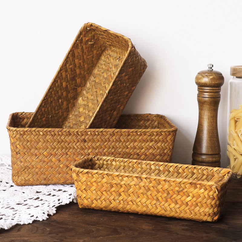 Rectangular Seagrass Storage Basket - Woven Pantry Organizer Bin
