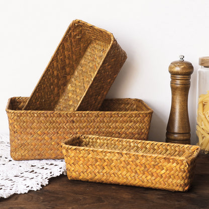 Rectangular Seagrass Storage Basket - Woven Pantry Organizer Bin