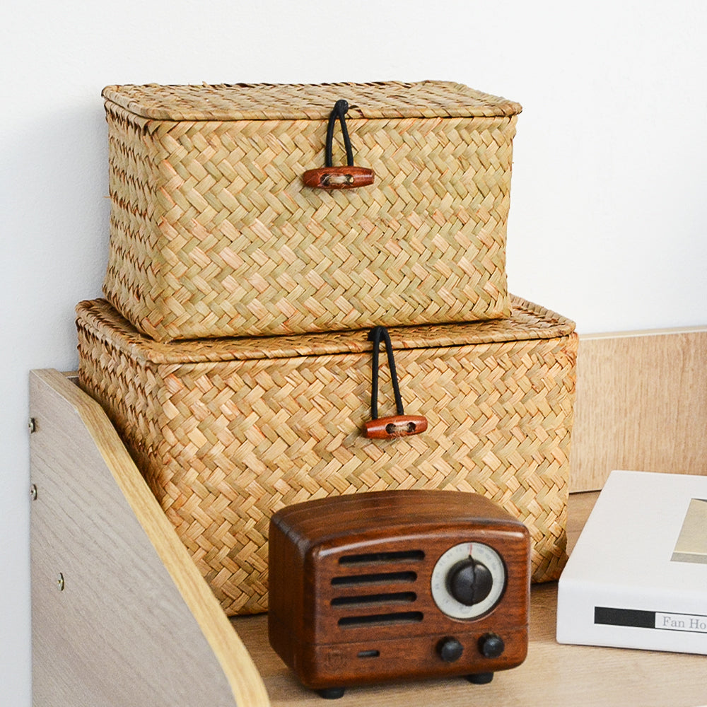 Seagrass Storage Box with Lid, Rectangular Handwoven Shelf Basket