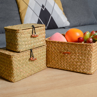 Seagrass Storage Box with Lid, Rectangular Handwoven Shelf Basket