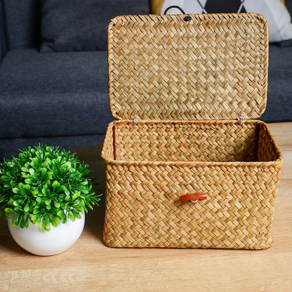 Seagrass Storage Box with Lid, Rectangular Handwoven Shelf Basket