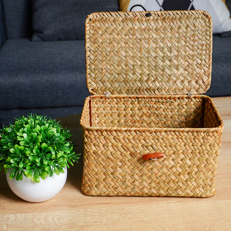 Seagrass Storage Box with Lid, Rectangular Handwoven Shelf Basket