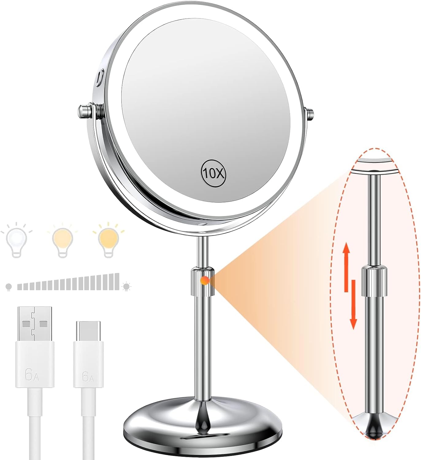 8-Inch Lighted Makeup Mirror, 10X Magnifying Double-Sided Vanity Mirro