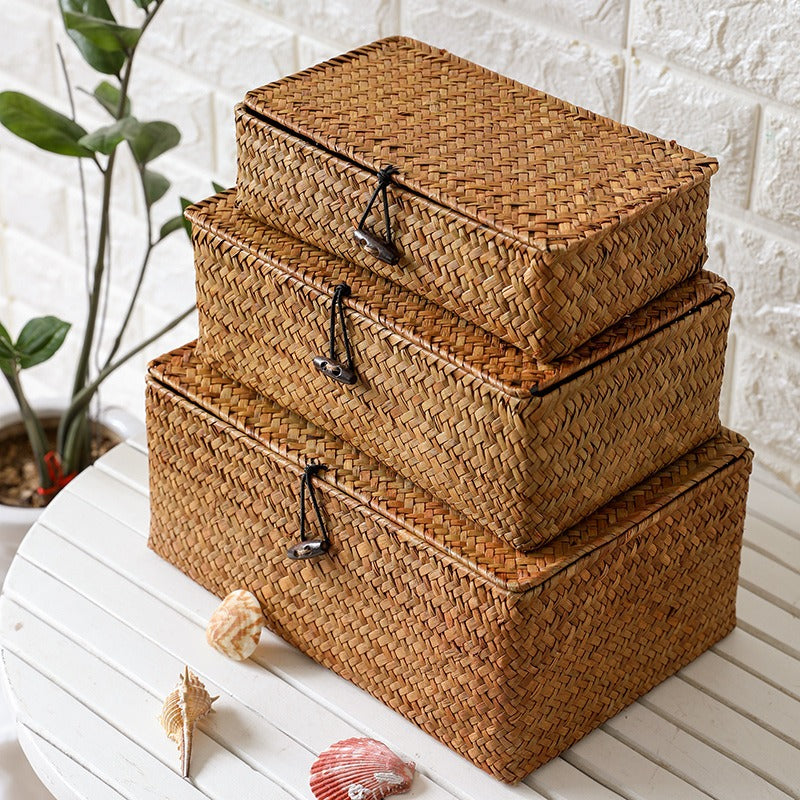 Handwoven Rattan-Look Storage Box with Lid, Natural Wicker Basket