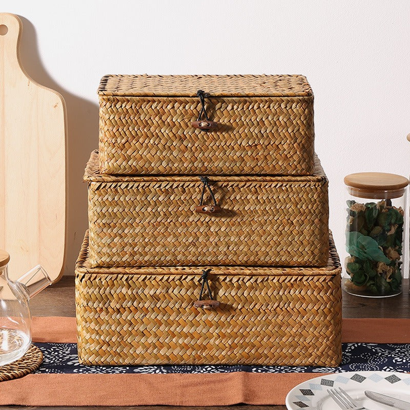 Handwoven Rattan-Look Storage Box with Lid, Natural Wicker Basket