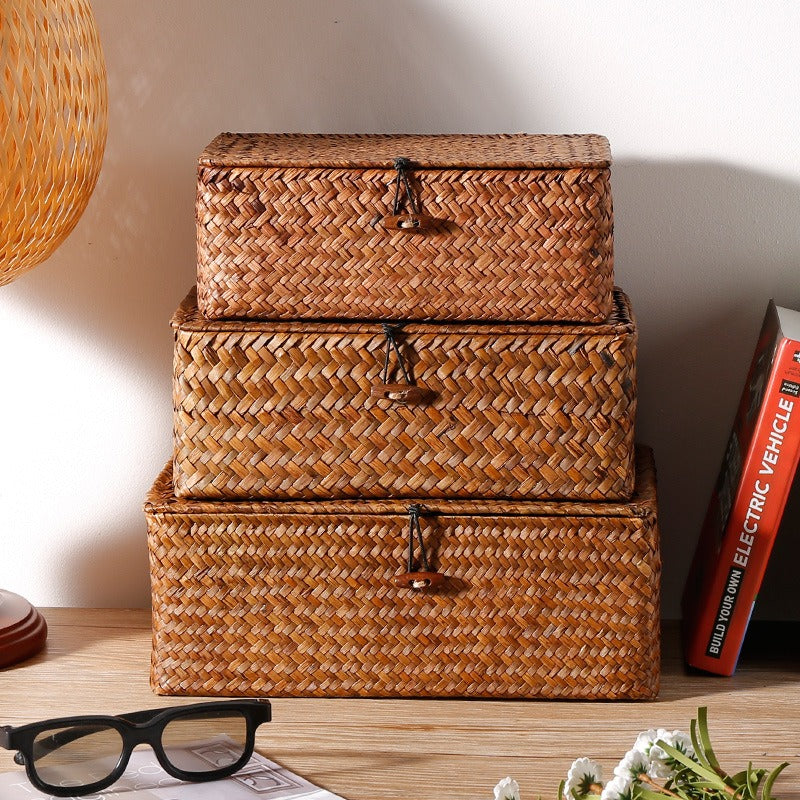 Handwoven Rattan-Look Storage Box with Lid, Natural Wicker Basket