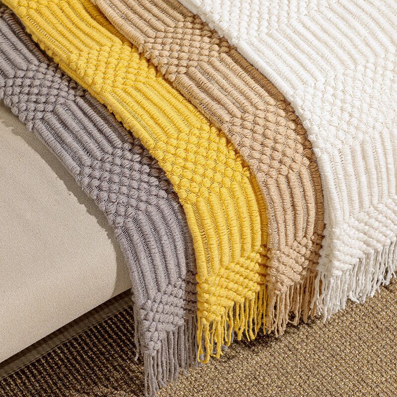 Chunky Knit Throw Blanket with Tassels - Textured Boho Sofa Throw