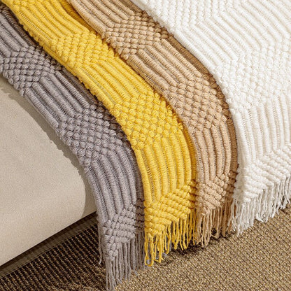 Chunky Knit Throw Blanket with Tassels - Textured Boho Sofa Throw