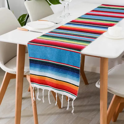 Mexican Serape Table Runner, Colorful Striped Cotton Fiesta