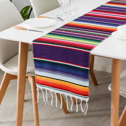 Mexican Serape Table Runner, Colorful Striped Cotton Fiesta