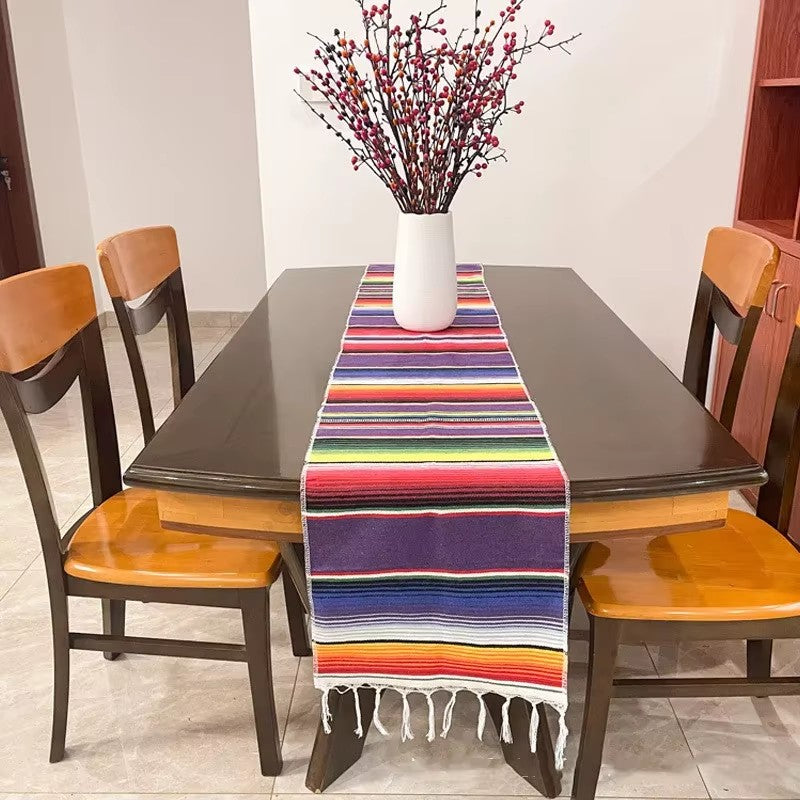 Mexican Serape Table Runner, Colorful Striped Cotton Fiesta