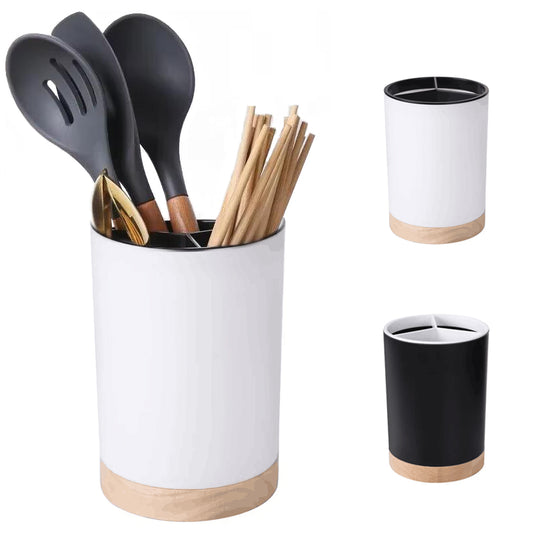 Ceramic Utensil Holder — Wood Base with Drainage, Kitchen Cutlery Caddy for Countertop