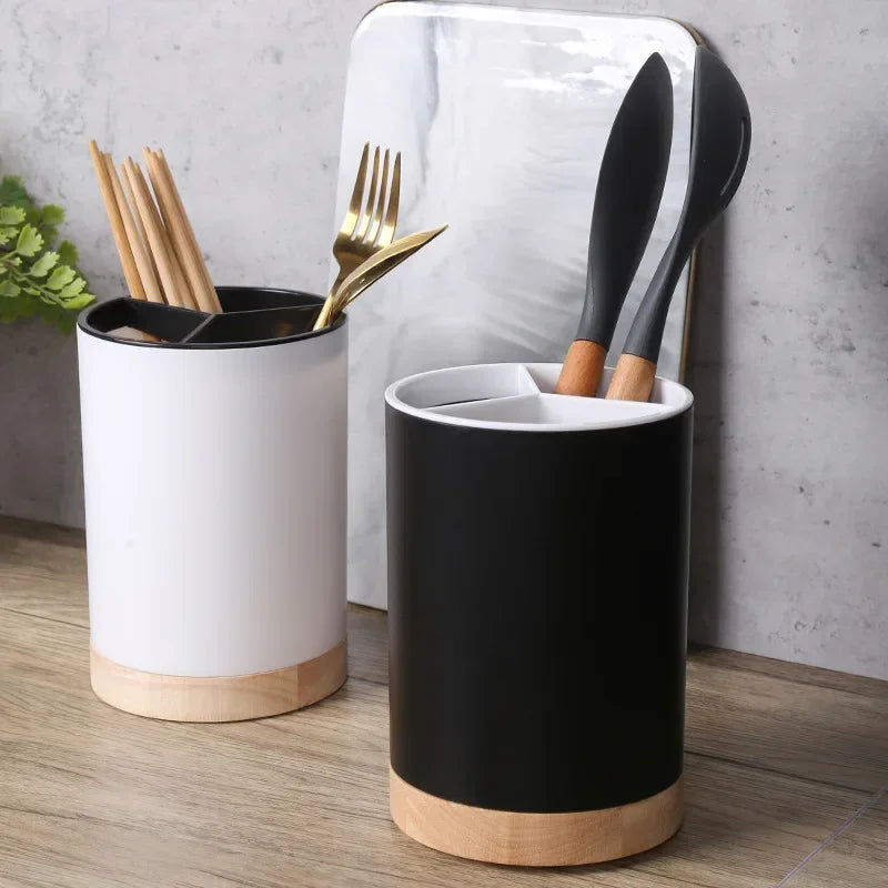 Ceramic Utensil Holder With Wood Base & Drainage, Cutlery Caddy