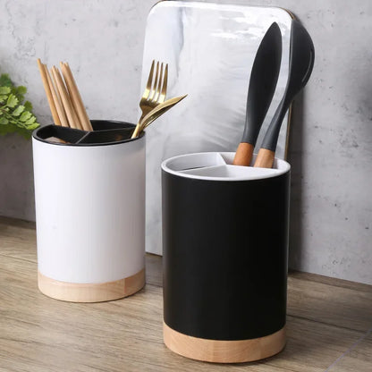 Ceramic Utensil Holder With Wood Base & Drainage, Cutlery Caddy