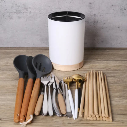Ceramic Utensil Holder With Wood Base & Drainage, Cutlery Caddy