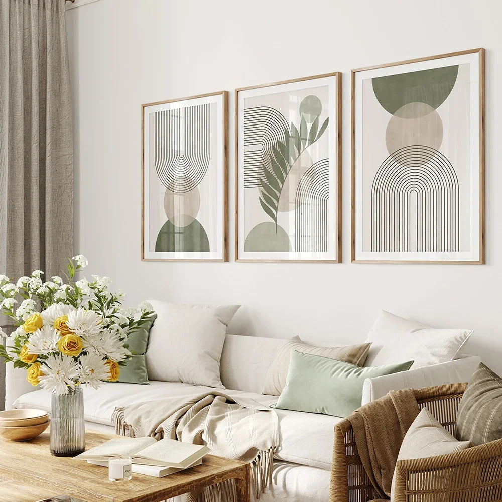 Nordic Sage Green Wall Art, Abstract Boho Botanical Print Set