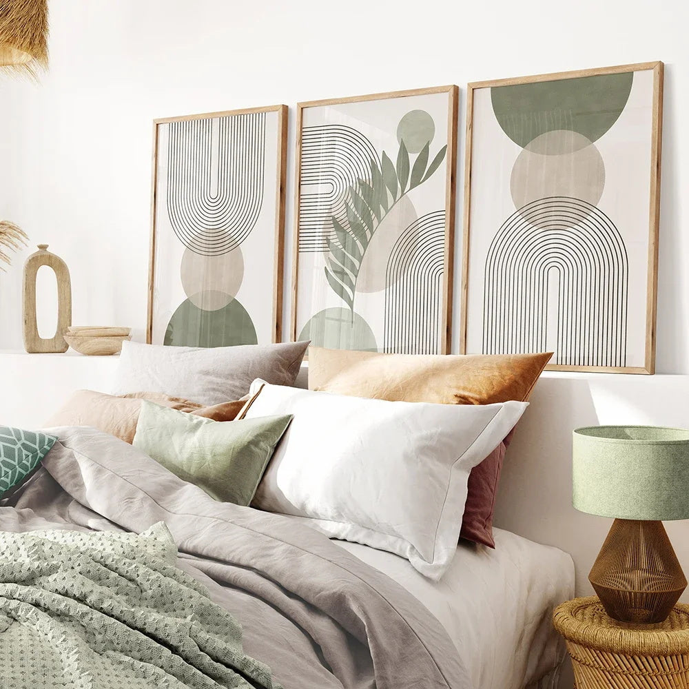 Nordic Sage Green Wall Art, Abstract Boho Botanical Print Set