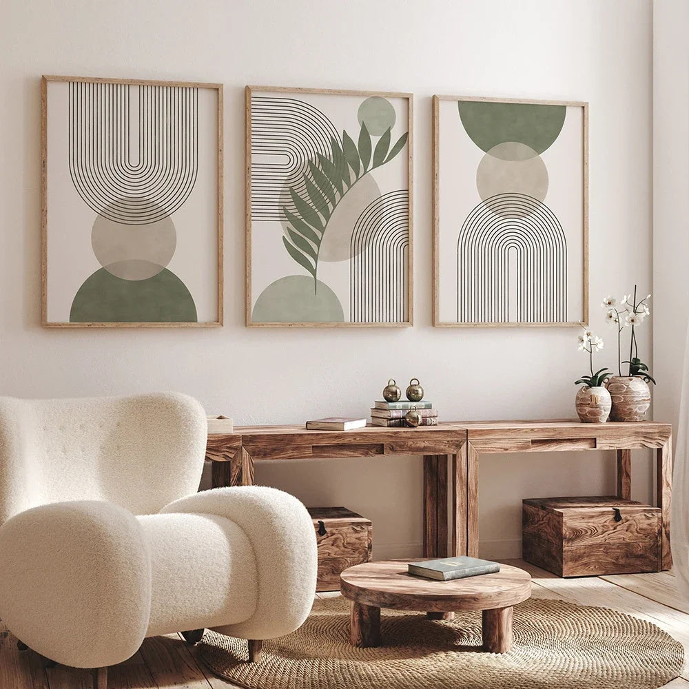 Nordic Sage Green Wall Art, Abstract Boho Botanical Print Set
