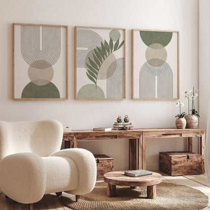 Nordic Sage Green Wall Art, Abstract Boho Botanical Print Set