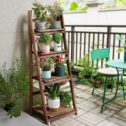 Folding 4-Tier Ladder Plant Stand, Wooden Shelf for Indoor & Patio
