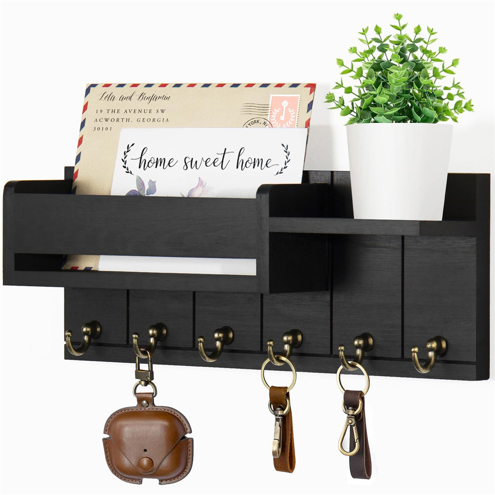 Rustic Wood Key Rack & Mail Organizer with 6 Key Hooks