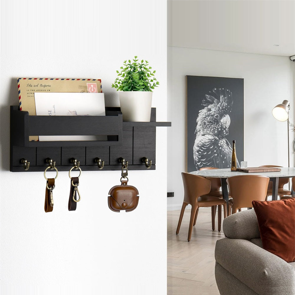 Rustic Wood Key Rack & Mail Organizer with 6 Key Hooks