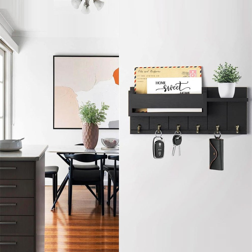 Rustic Wood Key Rack & Mail Organizer with 6 Key Hooks