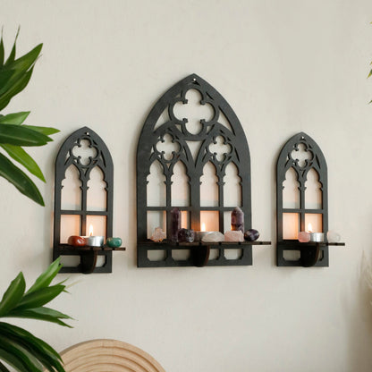 Gothic Cathedral Crystal Shelf — Wooden Sconce Display Stand