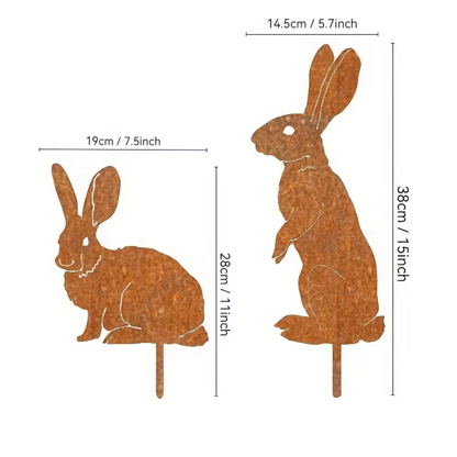 Rustic Metal Rabbit Garden Stake - Rusty Bunny Silhouette Yard Art