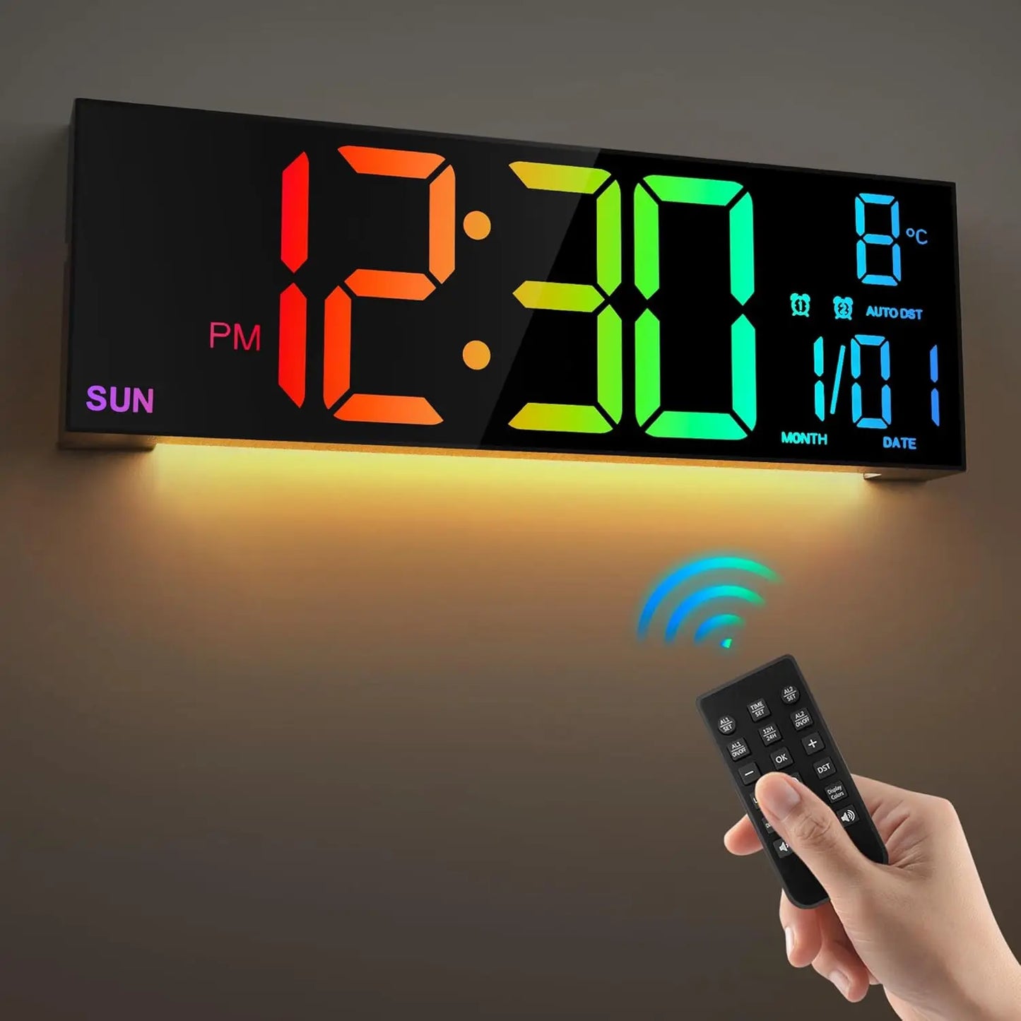 Large Digital Wall Clock With Remote and Color LED Display